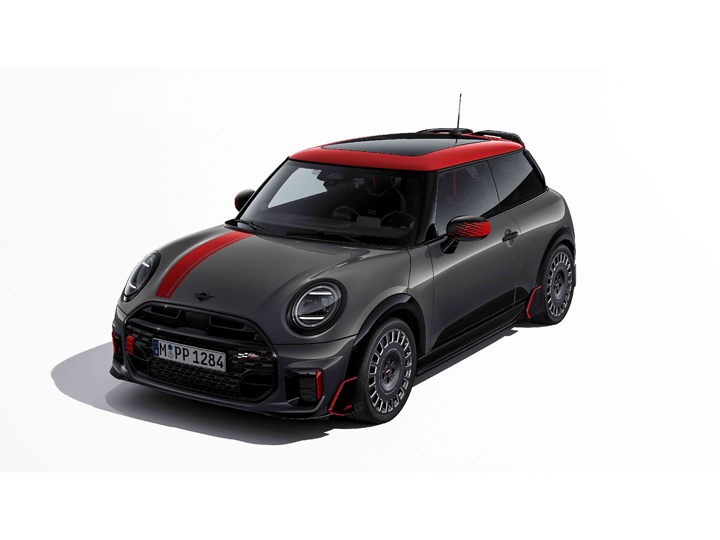 Overhead front view of MINI Convertible sporting John Cooper Works decals in Chili Red.